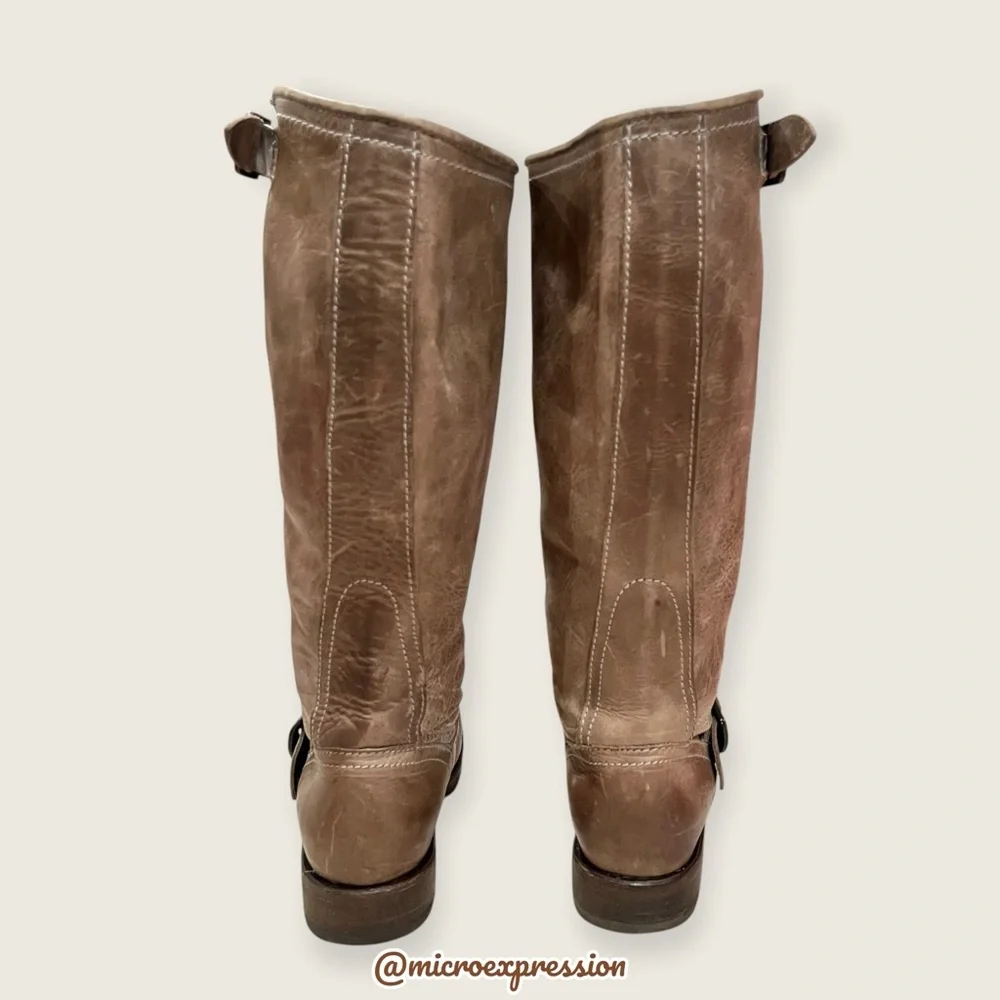 $399 Frye Veronica Slouch Tan Brown Tan Leather Engineer Moto Tall Buckle Boot